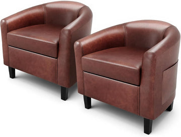 Accent Chairs Faux Leather Barrel Chair Club Armchair with Soft Seat Bedroom Reading Waiting Room - Brown - Set of 2