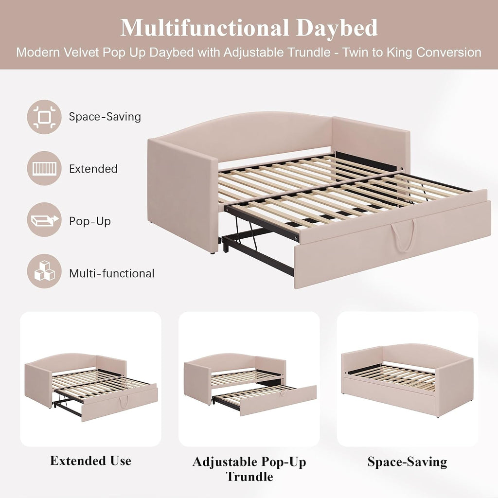 Twin Velvet Daybed with Extended Pop-Up Trundle, Pink | Upholstered Sofa Bed with Space-Saving Twin-to-King Design