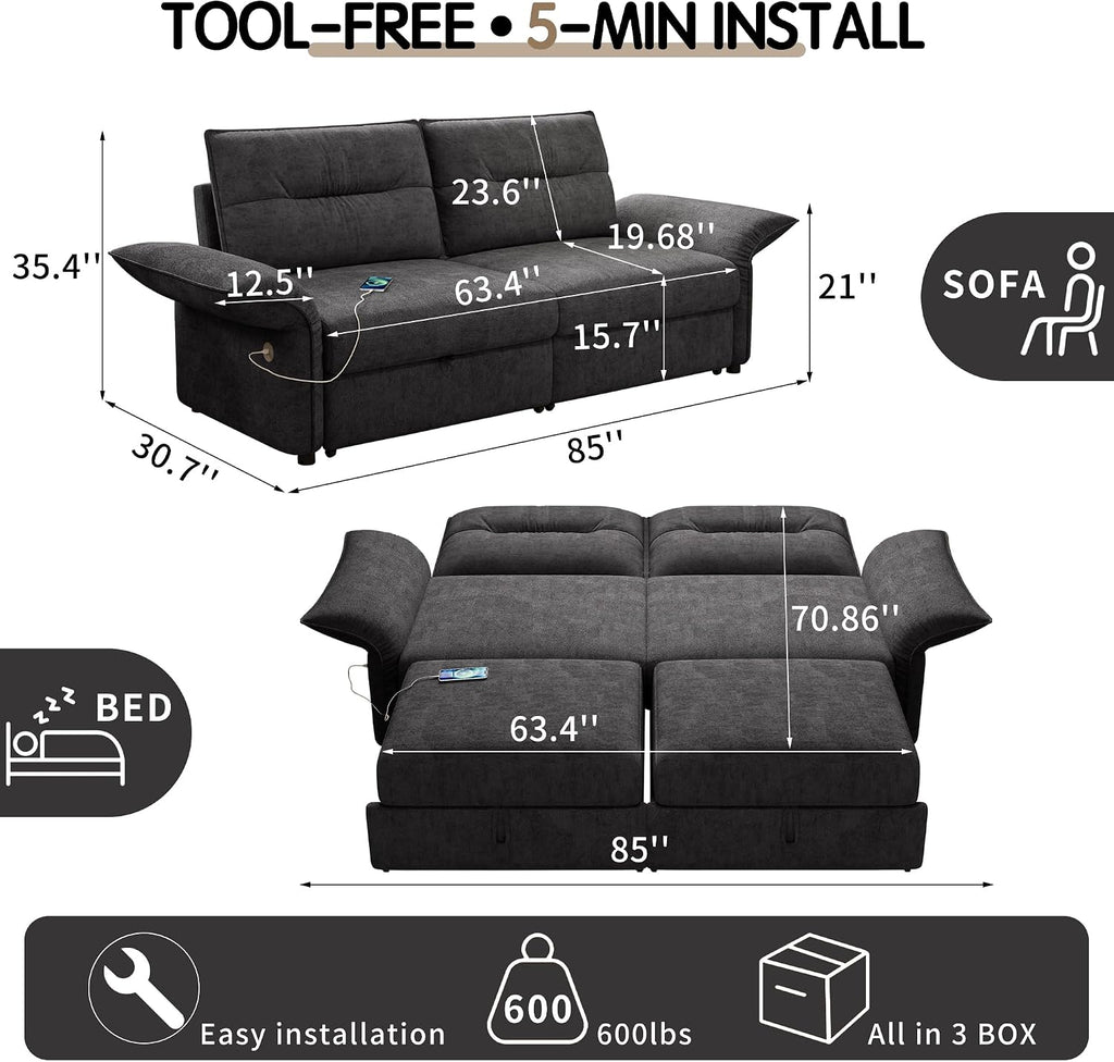 85'' Full Size Sleeper Sofa, Flannel Pull Out Couches, Flannel Dark Grey | 3 in 1 Convertible Sofa, Assembly for