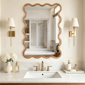 28"x40" Wavy Wood Mirror, Rectangular Wall Mirror with Natural Wooden Frame, Boho Farmhouse Country Bathroom Vanity