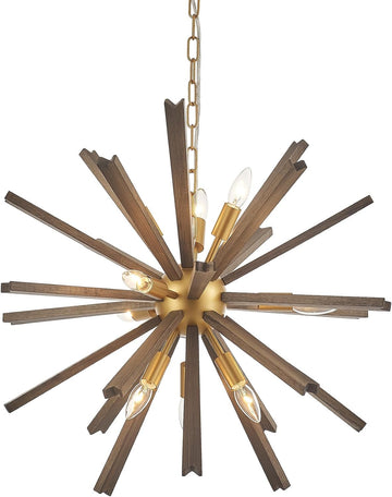 9-Light Wood Sputnik Chandelier for Entryway, Gold Dining Room Light Fixture, Farmhouse Pendant Light Fixture for Bedroom Kitchen Foyer Living Room