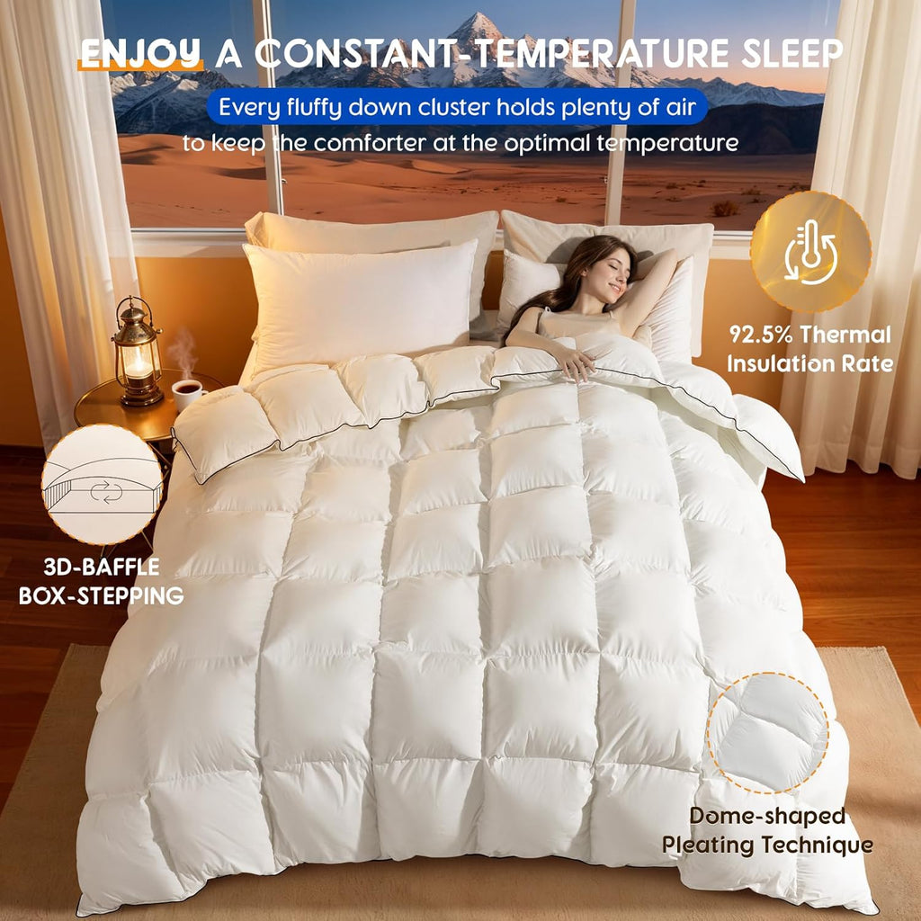 Luxury Winter Queen Down Comforter - 75% White Goose Down & 25% Feather Fill, RDS & Oeko-TEX Certifi