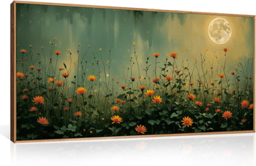 Mystical Midnight Wildflower Framed Canvas Wall Art Set,Moonlit Orange Floral Wall Decor,Nature Inspired Landscape