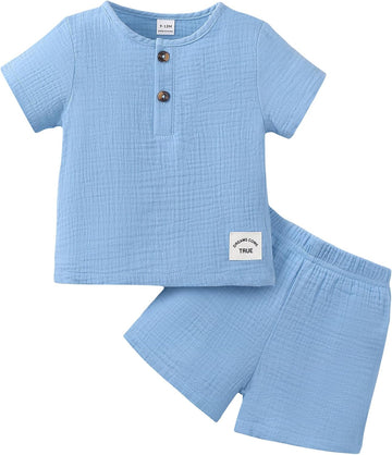 Toddler Boy Summer Outfits Cute Baby Boy Outfits 2 Piece Set Crew Neck Button Top and Solid Shorts