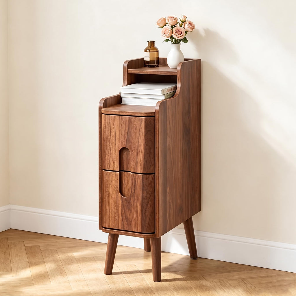Narrow Nightstand, Wooden 2 Drawer, Walnut