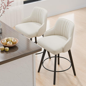 26" H Swivel Barstools Set of 2, Linen Fabric Upholstered Counter Stool with Back, Kitchen High Chairs Counter Height