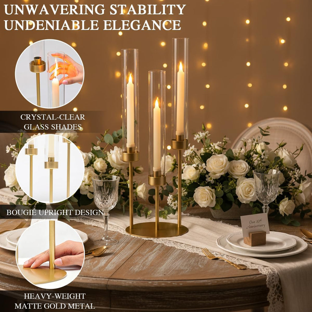 3-Arm Gold Candelabra, Tall Candle Stick Holder 23.03",Candelabras with Glass Lampshade & Heavy Base - Ideal