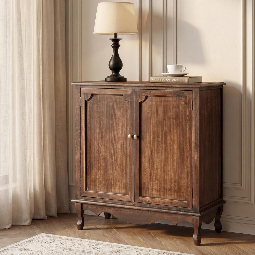 Solid Wood Sideboard with Adjustable Feet, 2 Shelves Storage Cabinet with Double Doors