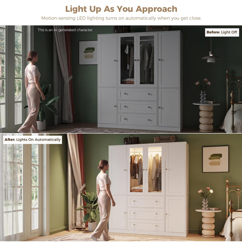71" H Armoire Wardrobe Closet with Motion Sensor LED Light