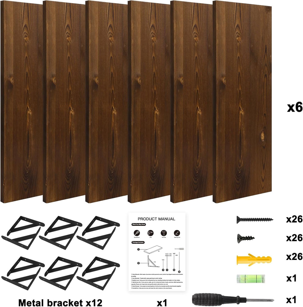16.5in Floating Shelves for Wall, Dark Carbonized Pine Set of 6 | Rustic wood shelves with metal brackets.