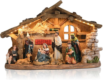 Nativity Scene with Manger, Resin Nativity Sets Figurine with LED Light and Music, 15.6 Inch Holy Family Lighted