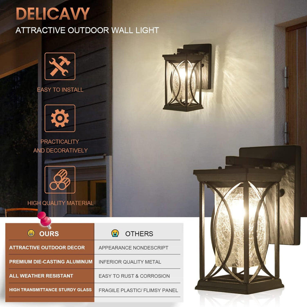 Dusk to Dawn Outdoor Wall Lanterns Small Modern Exterior Light Fixture Aluminum with Crack-Like Glass
