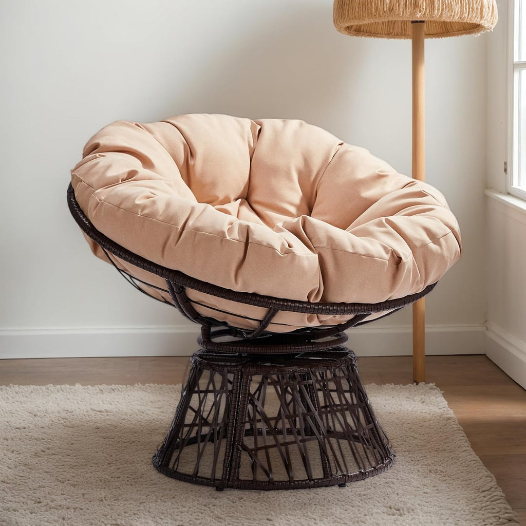 38" Ergonomic Swivel Papasan Chair, 360 Degree Rotating Round Lounge Chair with Thick Tufted Cushion, Modern Wicker