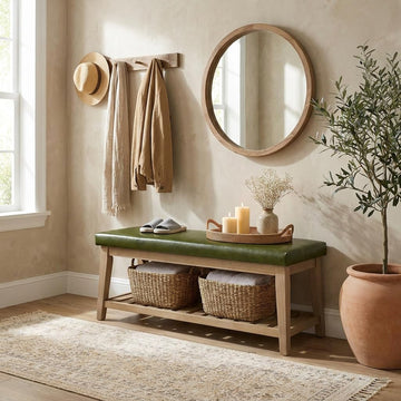 Entryway Shoe Bench with Cushion, End of Bed Bench,Upholstered Bench , Bench with Solid Wood Shelf, Leather Ottoman