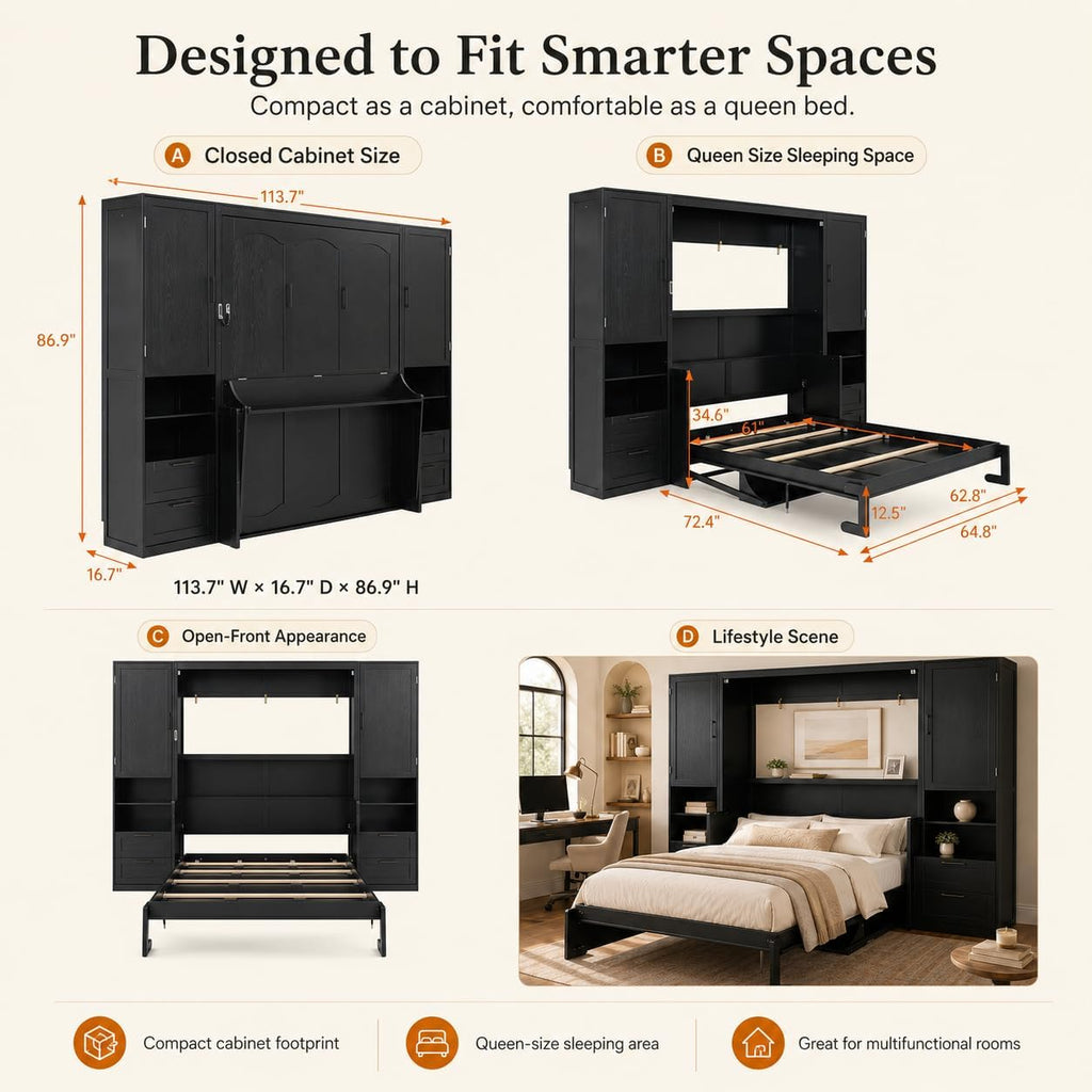 Queen Murphy Bed Cabinet with Desk & Storage, Wall Bed Cabinet Bed with Closet, Drawers and Shelves, Hidden Folding
