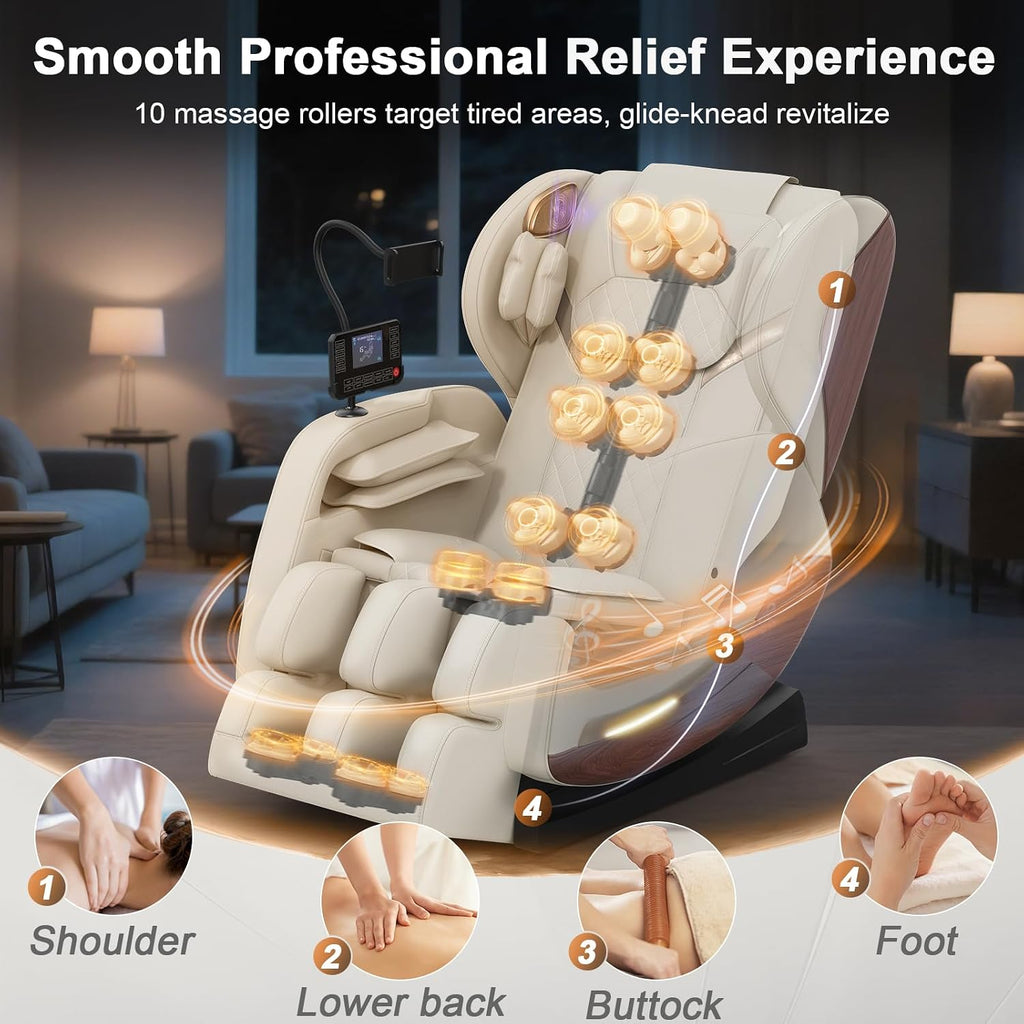 Massage Chair Full Body, 14 Fixed Rollers, Zero Gravity Recliner | Wood Grain Leather, Foot Massage, 5 Auto Modes, 8