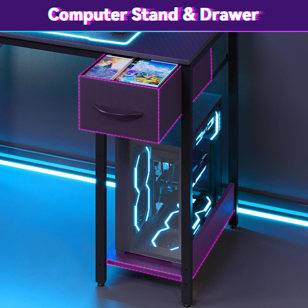 L Shaped Gaming Desk 53" with Hutch, LED Light and Drawer | Carbon Fiber Surface, Storage Shelves, Pegboard with