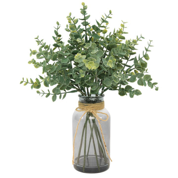 Fake Eucalyptus Stems in Glass Vase with Faux Water, Gray Vase