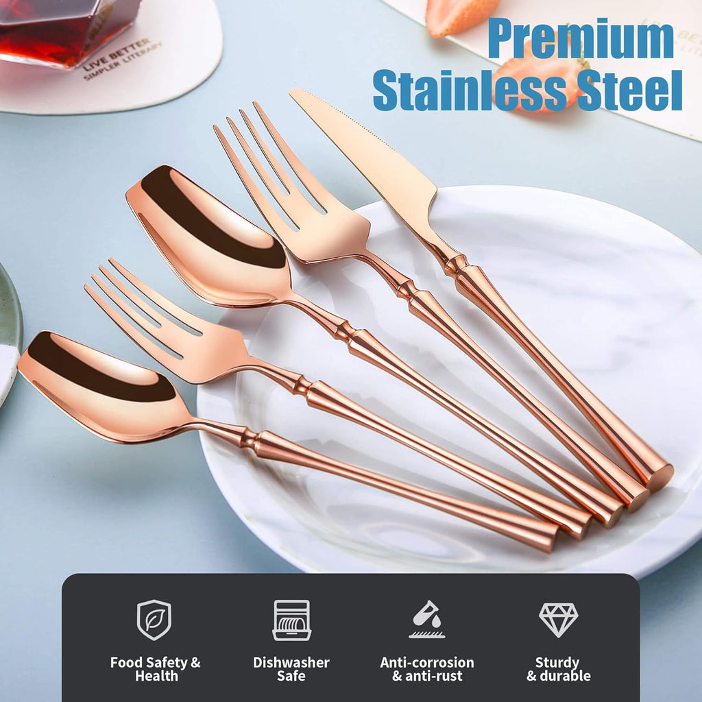 20-Piece Rose Gold Silverware Set for 4,Modern 18/10 Stainless Steel Flatware Set,Unique Rustic Cutlery Utensils Set