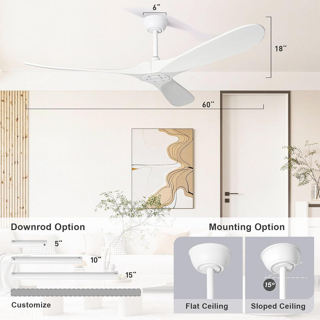 60 Inch White Ceiling Fan No Light，Indoor Outdoor 3 Blade Wood Ceiling Fans Without Lights for Patios Bedroom Living