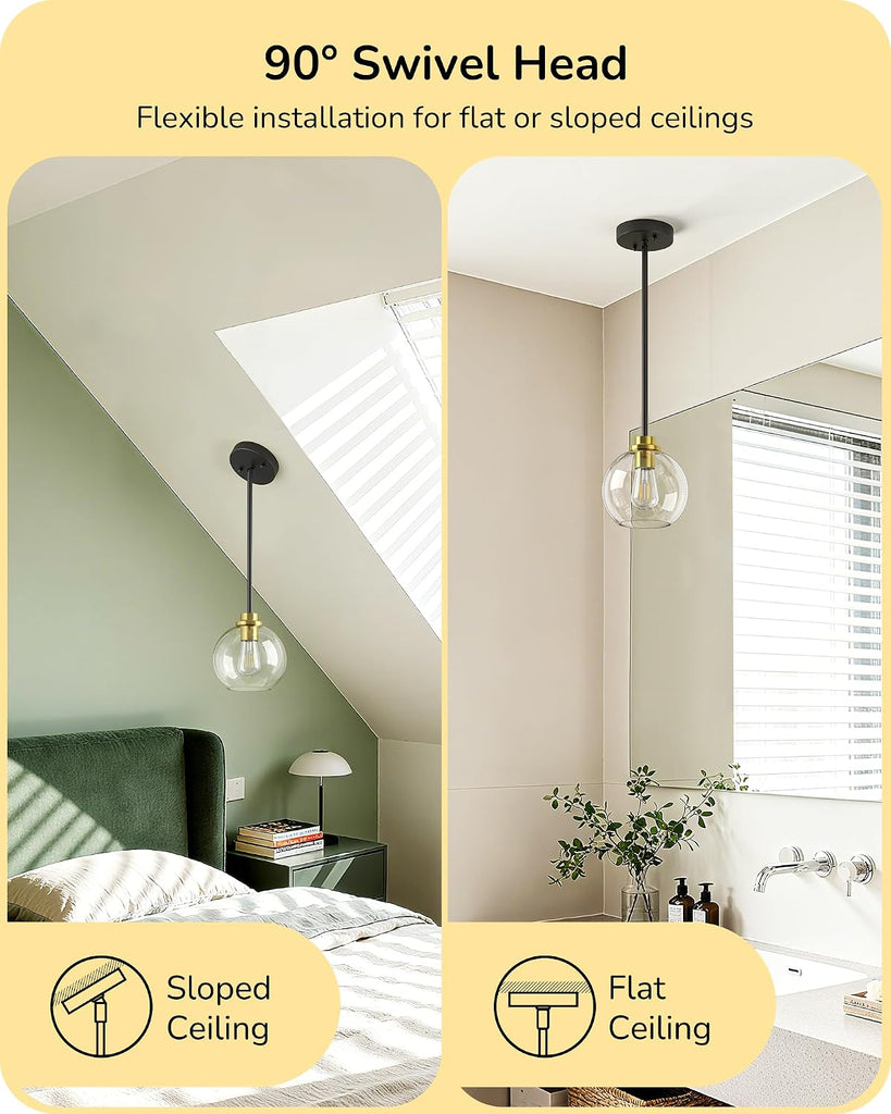 Mid Century Kitchen Pendant Lighting Over Island 2 Pack, Clear Glass Globe Shade, Hardwired Black and Gold Adjustable