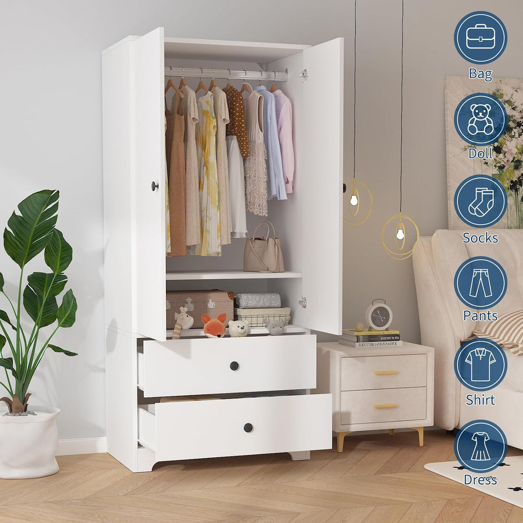 71" Armoire Wardrobe Closet, Modern Wooden Bedroom Armoire with 2 Drawers & 2 Doors and Adjustable Shelves,Clothing
