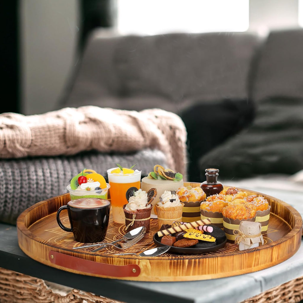 24 Inch Ottoman Tray Mandala Wooden Serving Tray with Handle Rustic Round Ottoman Large Farmhouse Coffee Table