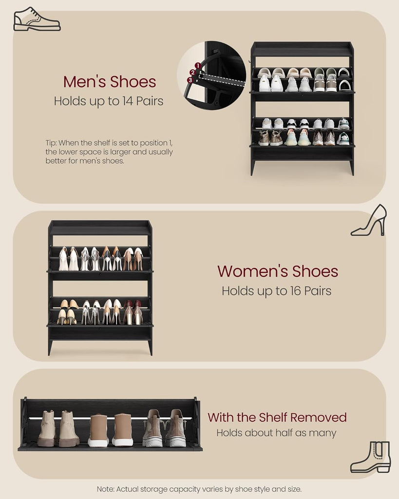 Shoe Storage Cabinet Organizer with 2 Flip Drawers, Freestanding Narrow Shoe Rack Cabinet , Farmhouse Style, Fits 14