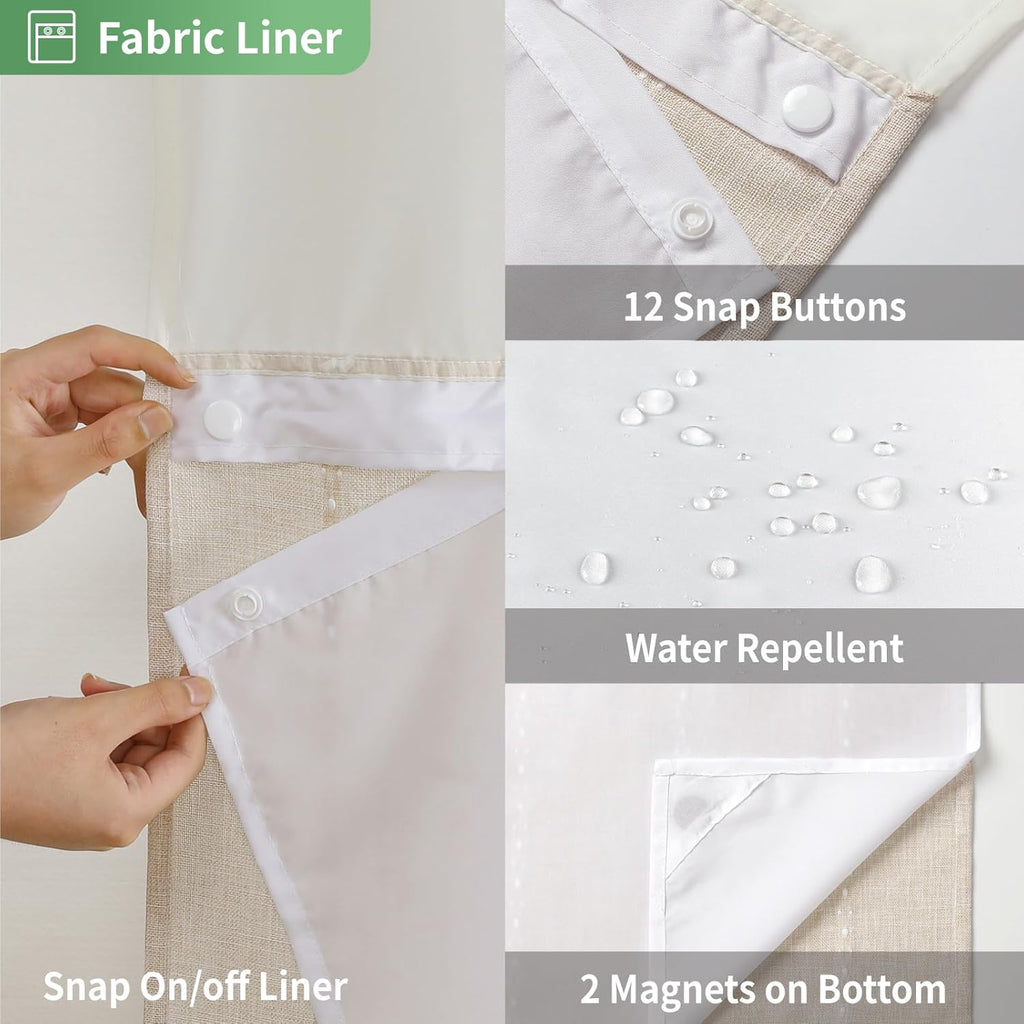 Boho Farmhouse No Hook Shower Curtain Set with Snap-in Fabric Liner,Heavy-Duty Linen Textured Rustic Striped