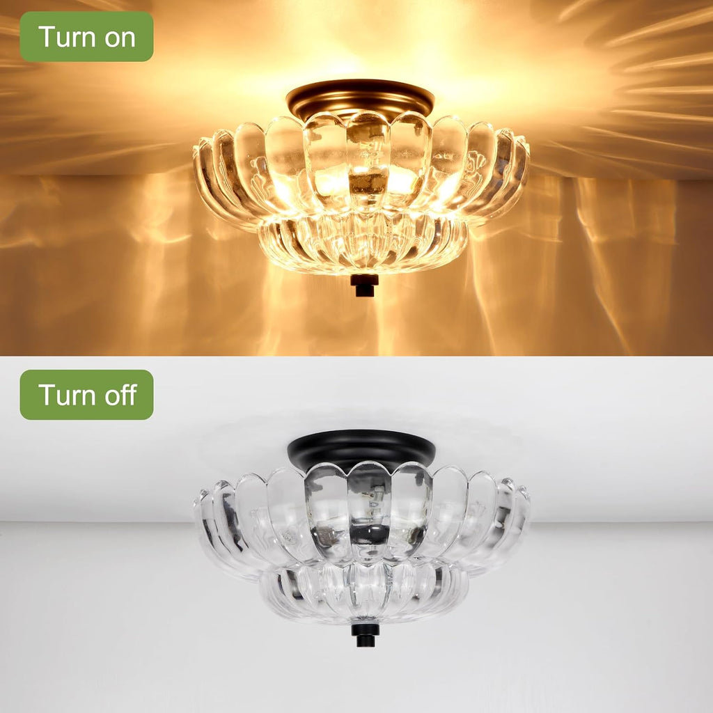 11.8-Inch Black Semi Flush Mount Ceiling Light, Modern 3-Light Clear Glass Chandelier Light Fixture Kitchen Bathroom