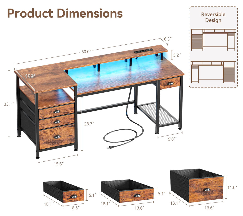 60" Computer Desk with 4 Drawers, Power Outlet, LED, Rustic Brown