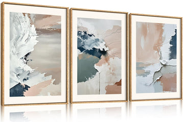 Large Modern Abstract Framed Canvas Wall Art Set, Minimalist Splash ink Blue Pink Pastel Watercolor Wall