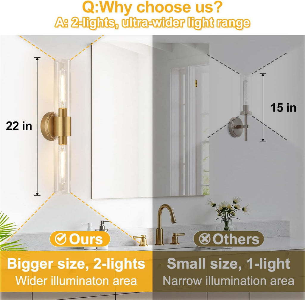 Wall Sconces Set of Two, Brushed Gold Bathroom Sconces Wall Lighting with Clear Glass, Hardwired Modern Sconces Wall