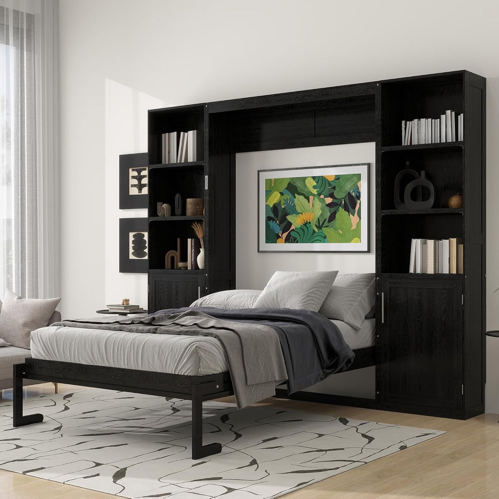 Queen Farmhouse Murphy Bed with Storage Bookcase Shelves and Cabinets, Solid Wood Foldable Hidden Vertical Murphy