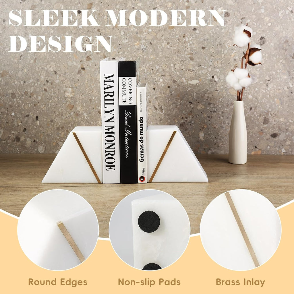 Natural Marble Bookends for Shelves, Decorative Book Ends for Heavy Books, Heavy Duty Mid Century Modern White and - Set of 2