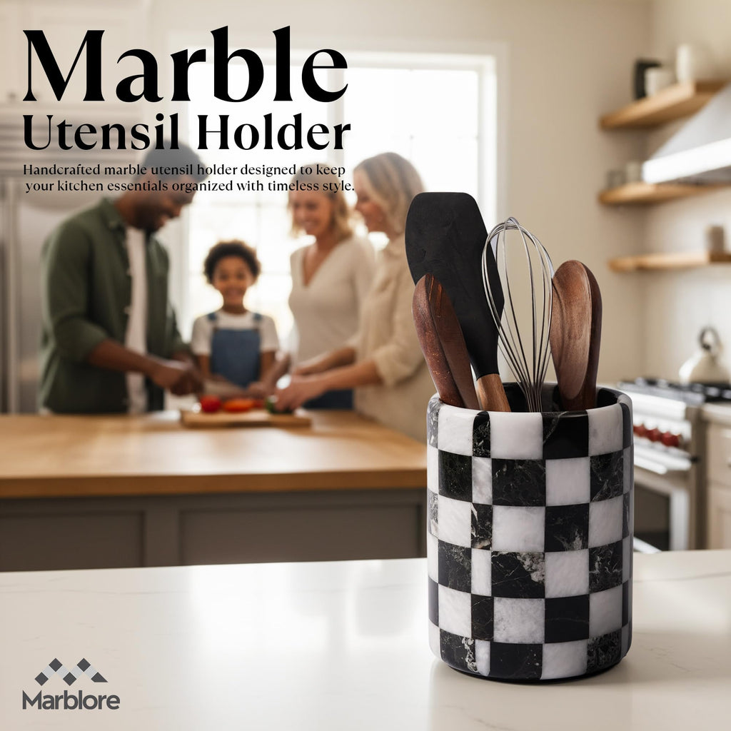 Marble Utensil Holder Black & White 6.5 Inch