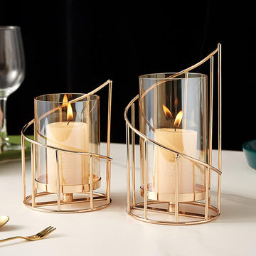 Metal Wire Candle Holder Set of 2, Glass Pillar Candle Holders Gold Decorative Tea Light Candleholders Decor Table