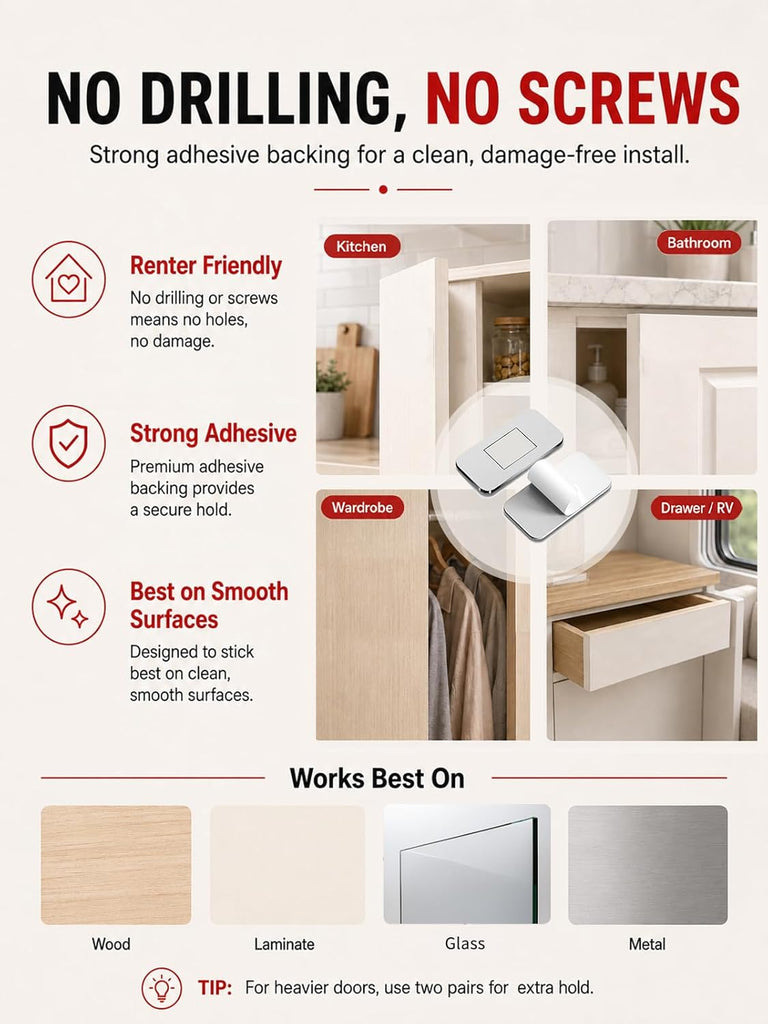 8 Pack Magnetic Cabinet Door Catch, Ultra Thin Cabinet Door Magnets with Strong Adhesive, Magnetic Cabinet Latch