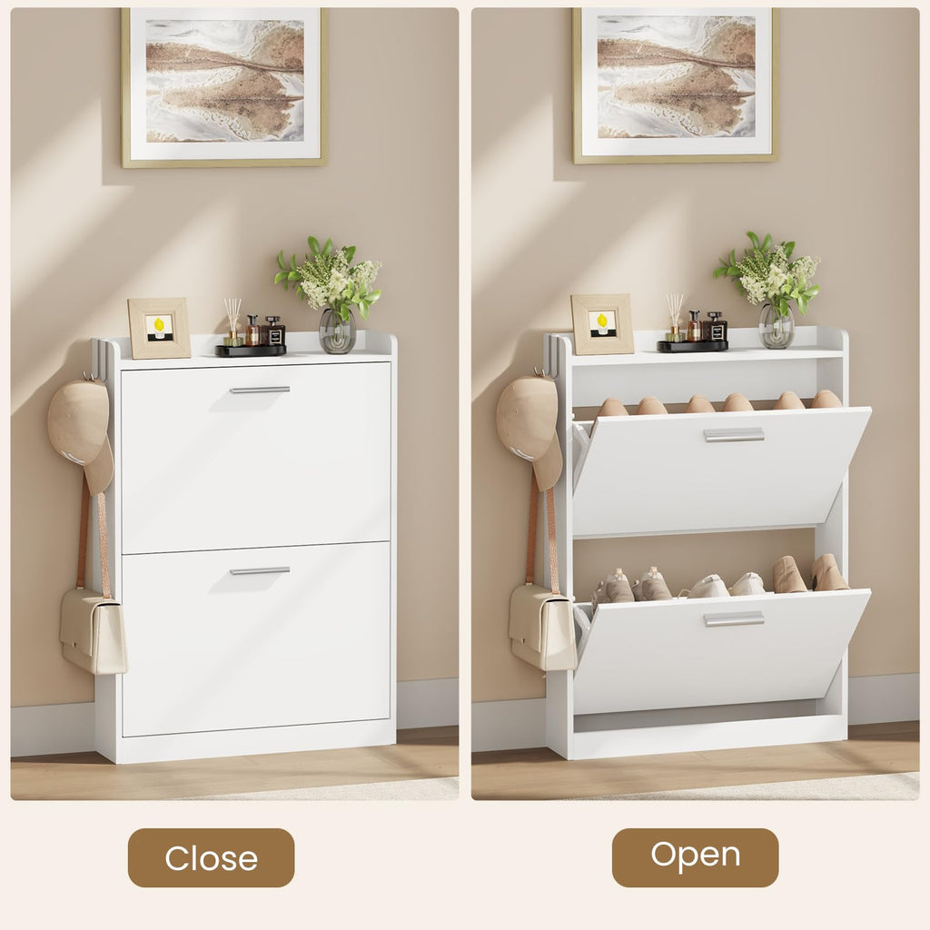 Slim Shoe Cabinet with 2 Flip Drawers, 23.6" W White