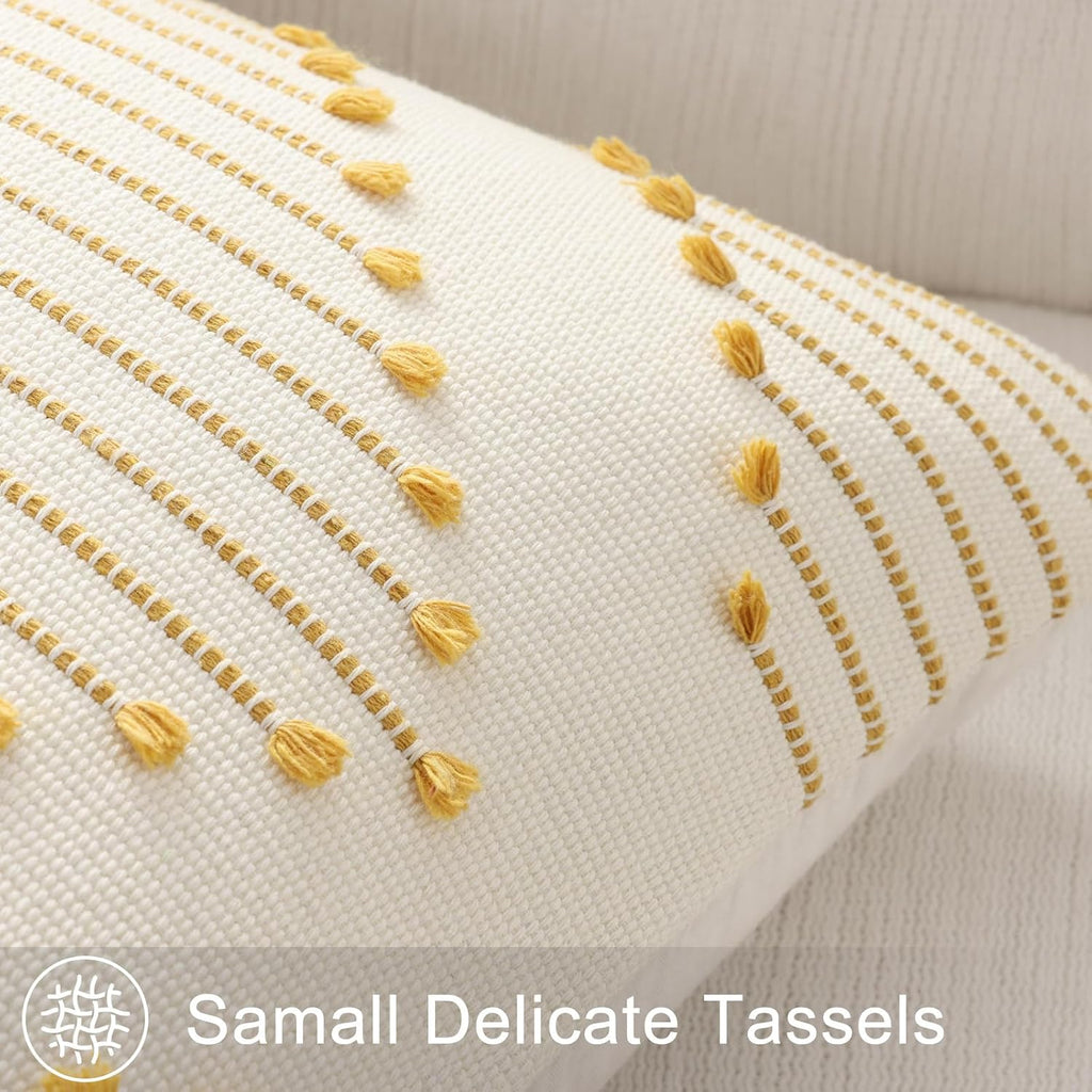 Boho Summer Outdoor Throw Pillow Covers 12X20 Set of 2, Farmhouse Lumbar Pillow Covers, Yellow & White