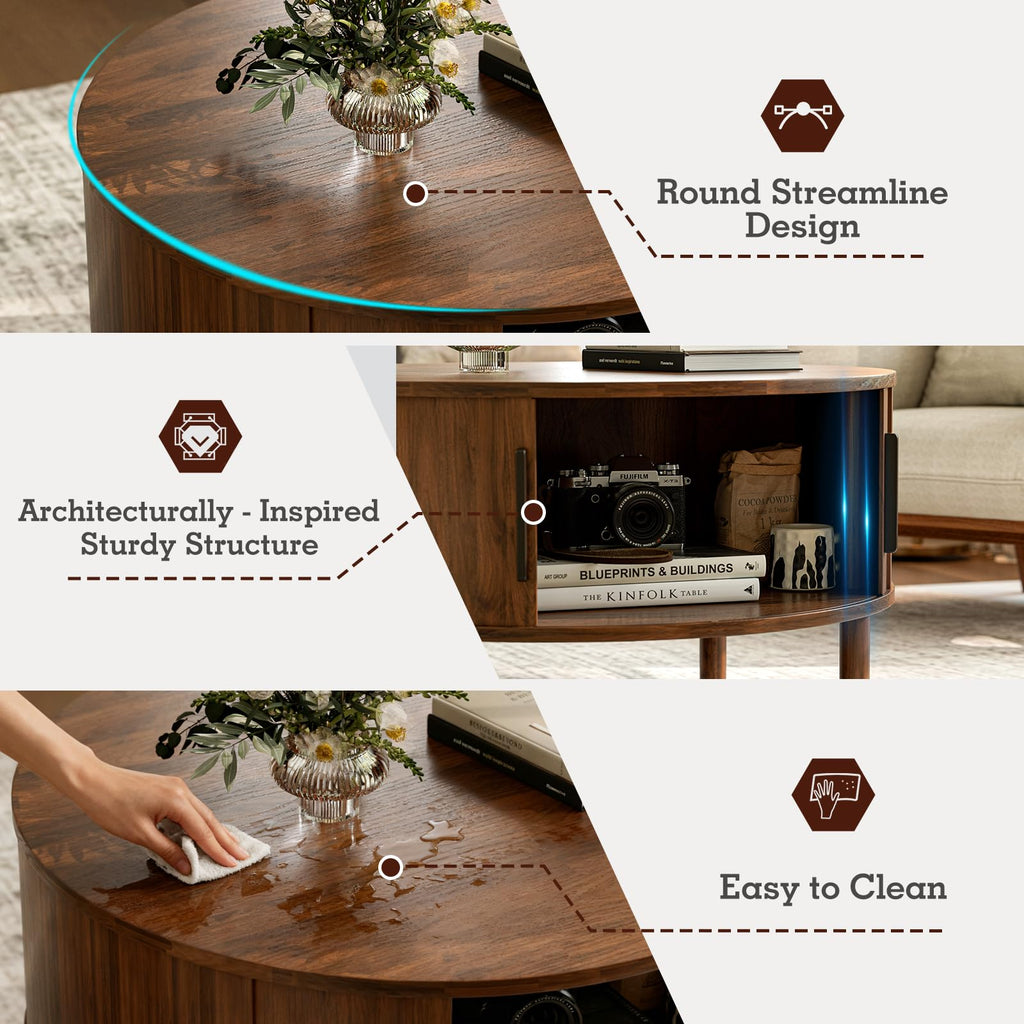 Round Coffee Table with Sliding Doors, Mid-Century, Walnut