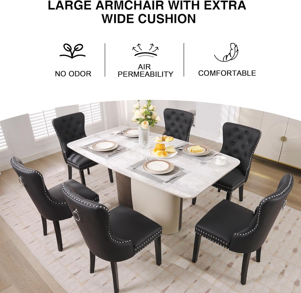 PU Leather Dining Chairs Set of 2, Upholstered Dining Room Chairs with Wooden Legs & Pull Ring, Modern Kitchen Chairs