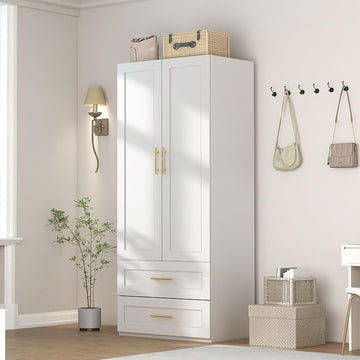 White Wardrobe with 2 Doors: 75" Tall Armoire Wardrobe Closet with 2 Drawers, Bedroom Closet Cabinet for Hanging