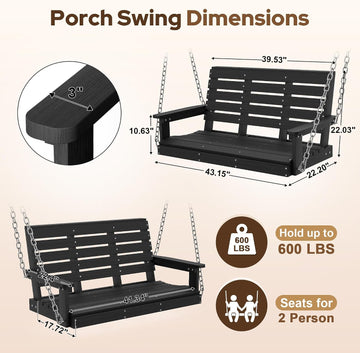 HDPE 2-Seat Outdoor Porch Swing, 660 LBS Hanging Swing Chair, Black | All-Weather & Fade Resistant, Adjustable