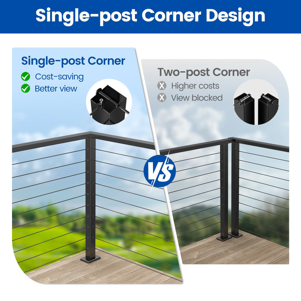 36" Black Cable Railing Corner Post Surface Mount PS02 B34S