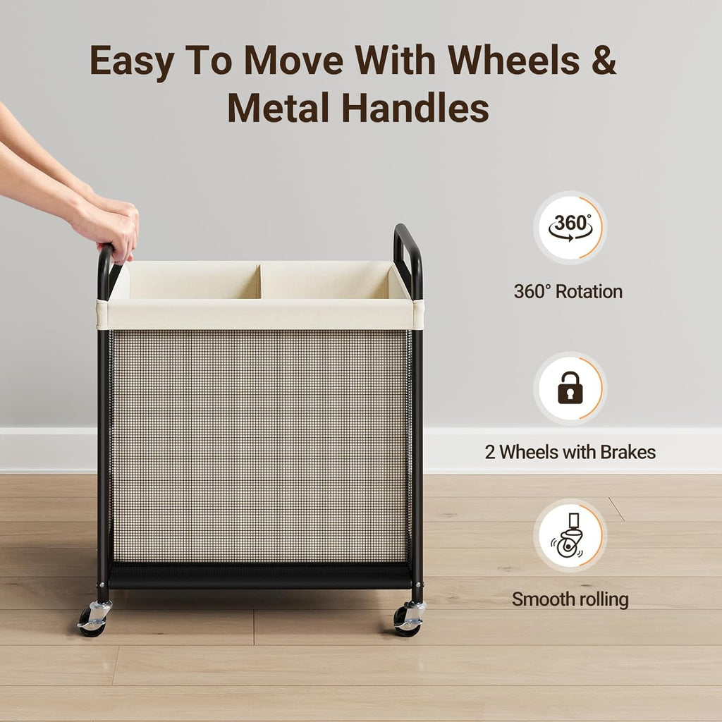 Laundry Hamper 2 Section, 100L Rolling Laundry Sorter with Wheels | Removable Washable Liner Bags, Sturdy Steel Frame