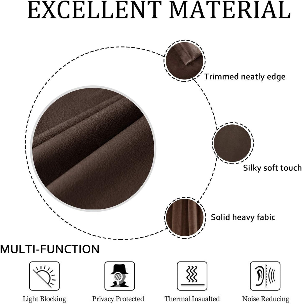 Brown Luxury Velvet Curtain Panels with Grommet, Insulated Soft Privacy Noise Reducing Velvet Window Drapes