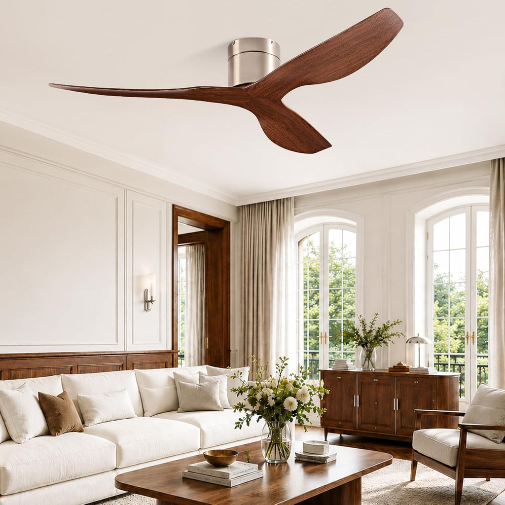 52" Low-Profile Modern Ceiling Fan with Remote – Brown & Brushed Nickel, 3-Blade, DC Motor, No Light