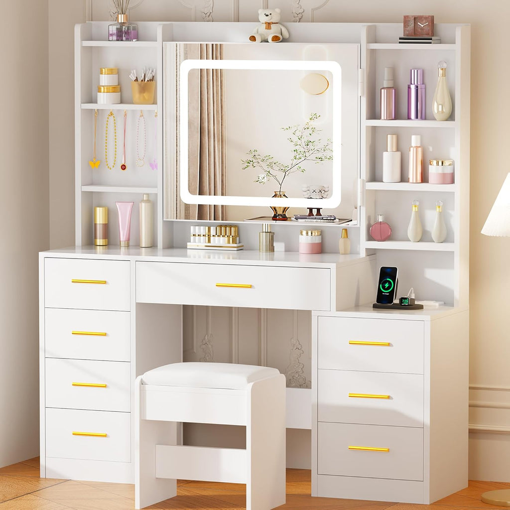Large Makeup Vanity Desk with Lights,12 Hooks and Cushioned Stool | White Vanity Table with Power Outlet,3 Lighting