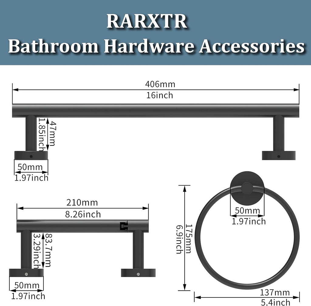 3pc Bathroom Hardware Set with Matte Black Toilet Paper Holder, Towel Ring, Towel Bar SUS304 Stainless Steel Toilet
